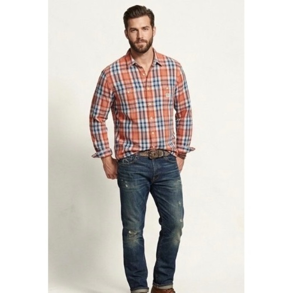 Denim & Supply Ralph Lauren Plaid Button Down Shirt Orange Blue Men XXL